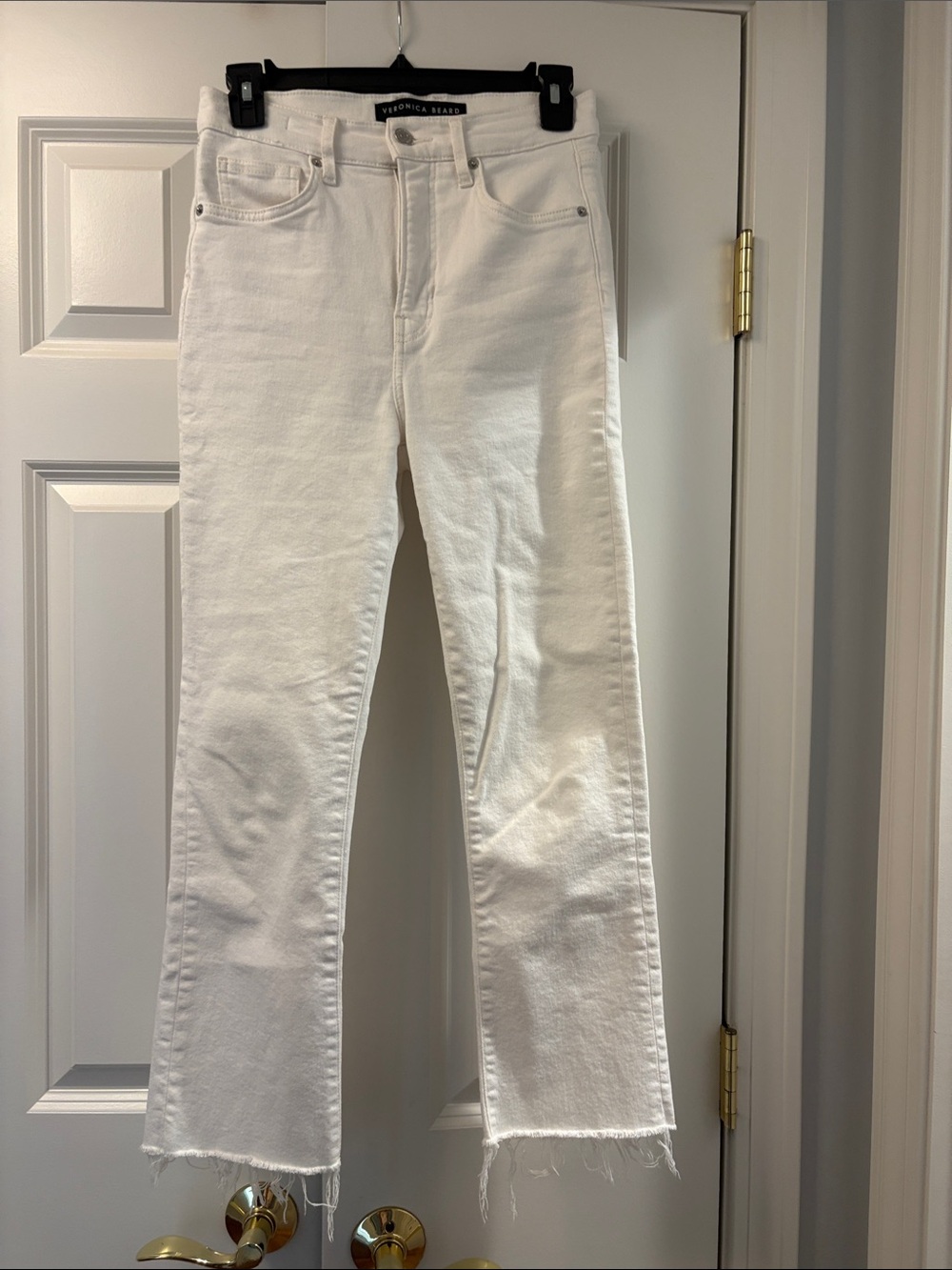 Veronica Beard Carly White Cropped Frayed-Hem Jeans